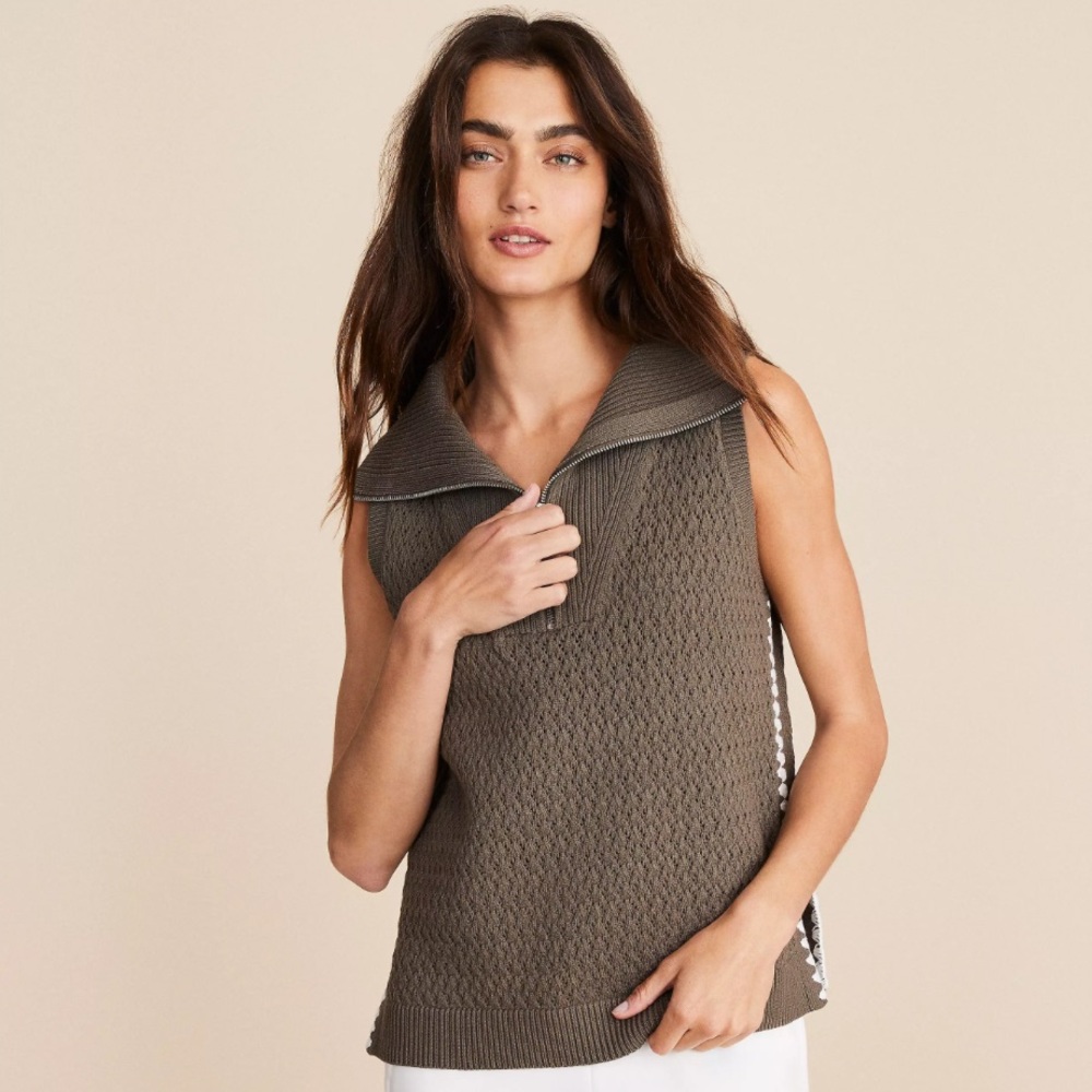 NWT Lou & Grey Crochet Pointelle Half Zip Sweater Tank Top